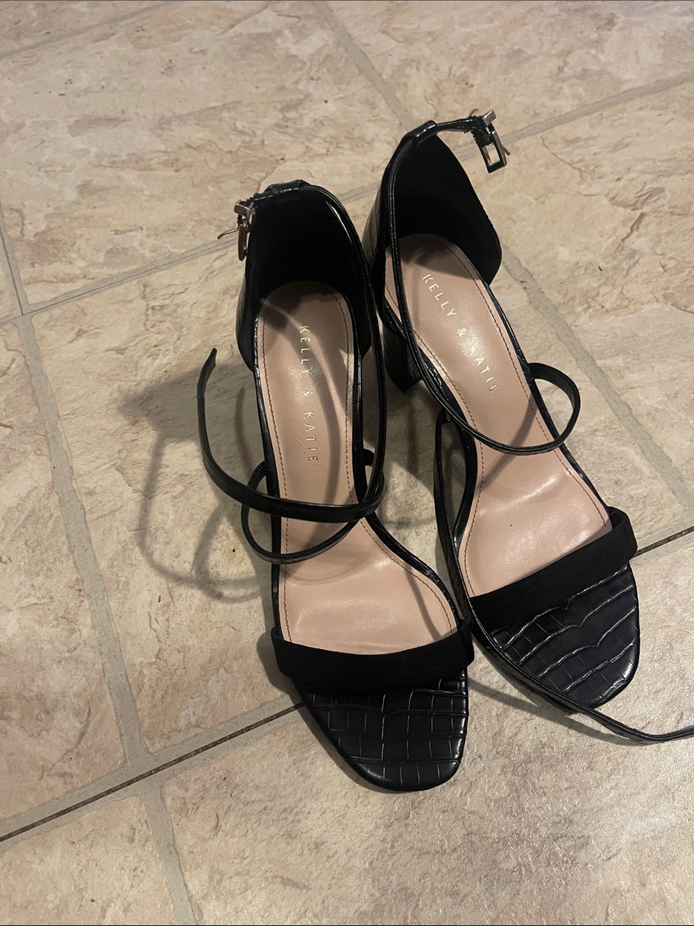 Kelly & Katie Black Croc-Textured Strappy Block Heels